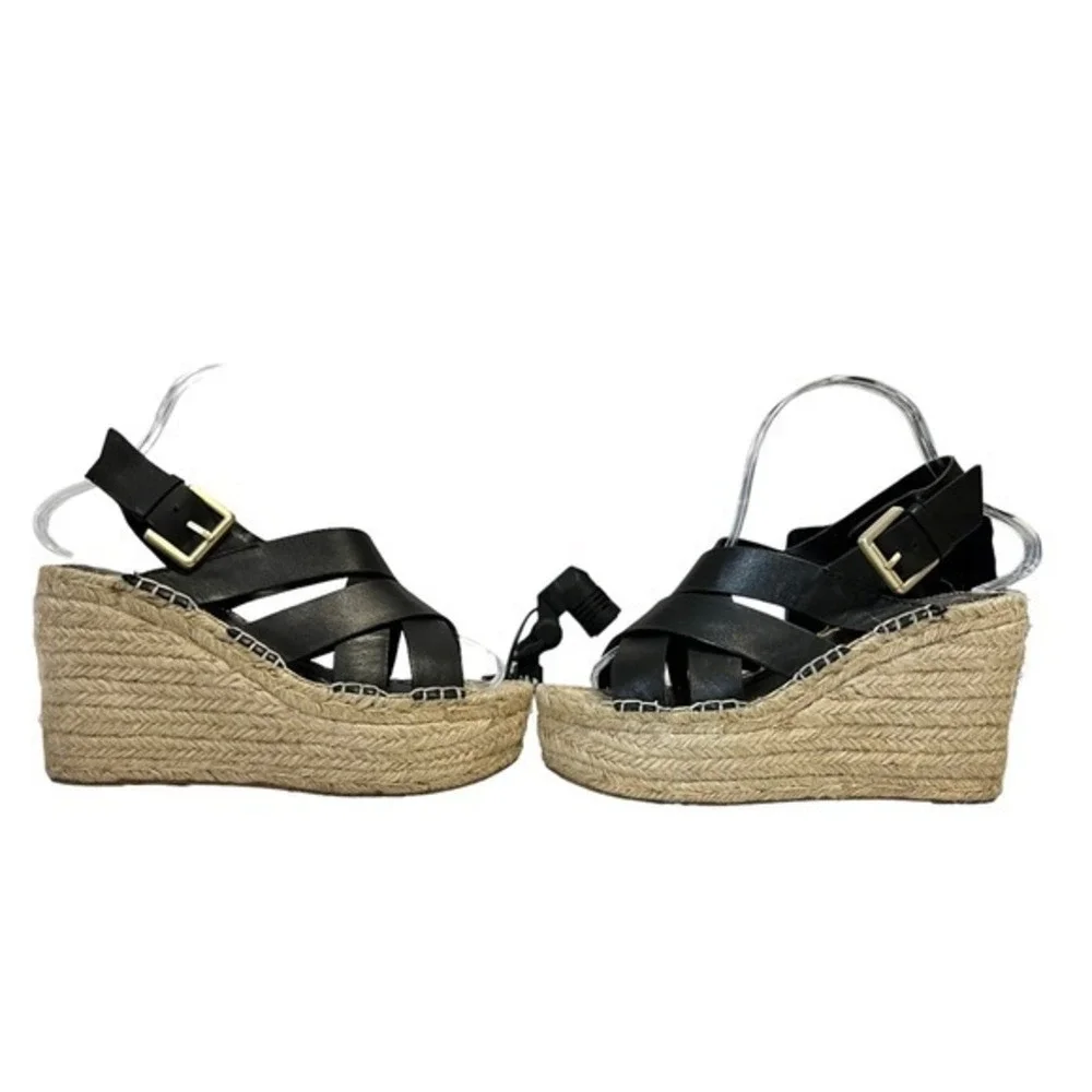 Marc Fisher LTD Wedge Sandals Womens 6.5 Alenni Espadrille Black Leather Jute‎